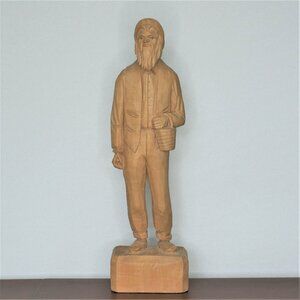 Vintage Hand Carved Wood Sculpture Quebec T. Picard 13" Bearded Man With Basket